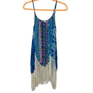 Anthropologie Raga Blue Pattern Fringe Boho Tank Top Size Small